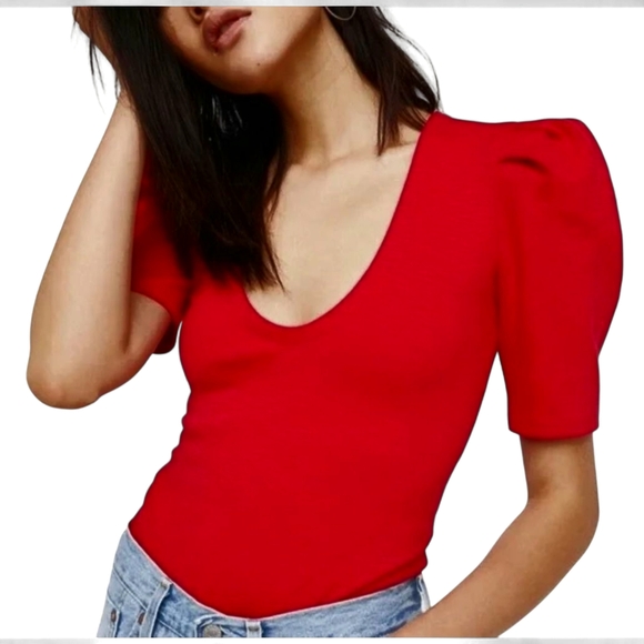Free People Ellery Red Women’s Small Puff Sleeve Shirt Stretchy Dressy Casual‎ - Picture 1 of 7